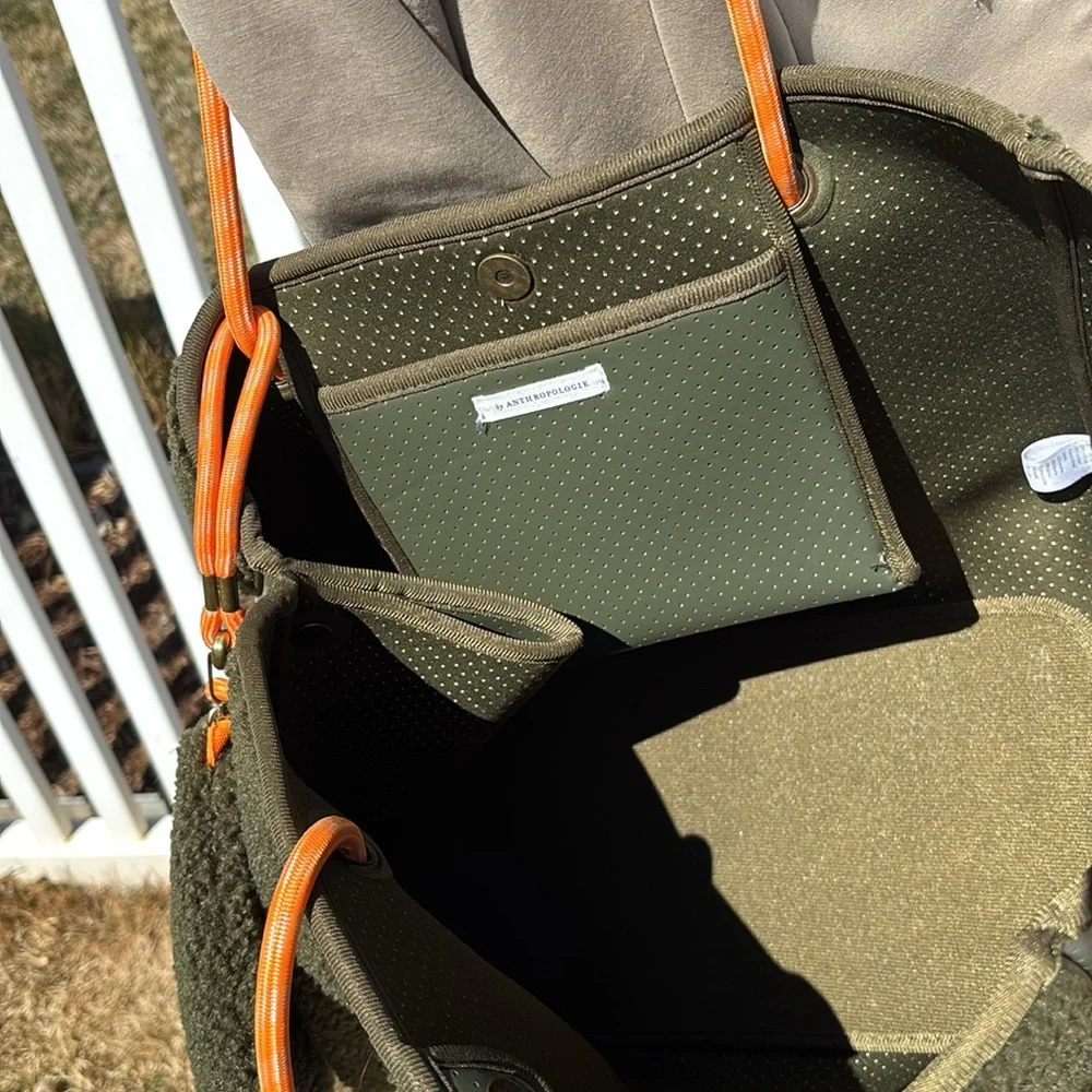 Anthropologie Green Faux Sheepskin Large Tote, with Pouch - Picture 6 of 9